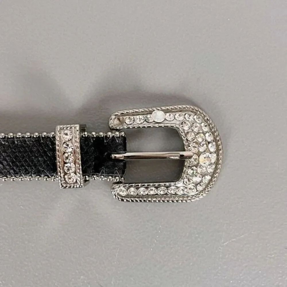 CACHE WOMENS BLACK LEATHER BELT WITH SIMULATED DIAMONDS SIZE S